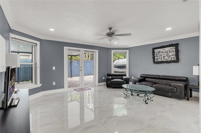 living room featuring french doors, ceiling fan, and ornamental molding