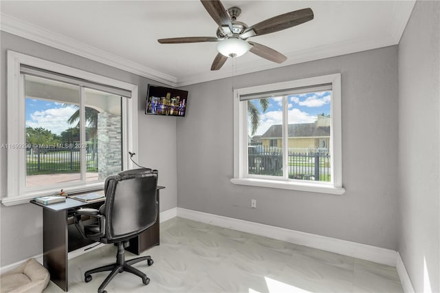 home office with ceiling fan and ornamental molding