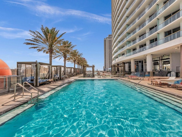 view of swimming pool featuring a patio area