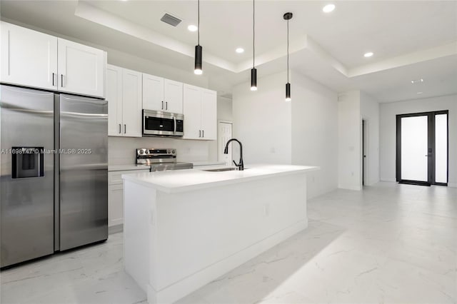 kitchen with a center island with sink, hanging light fixtures, sink, appliances with stainless steel finishes, and a tray ceiling