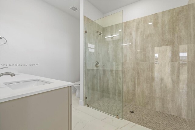 bathroom featuring a shower with door, vanity, and toilet