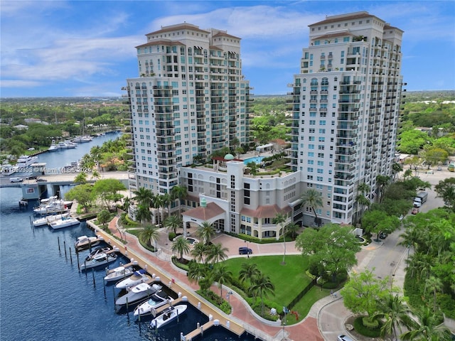 drone / aerial view featuring a water view