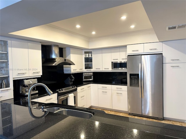 kitchen with white cabinetry, exhaust hood, and appliances with stainless steel finishes