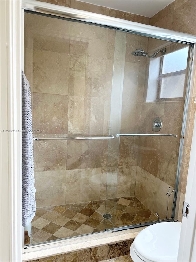 bathroom featuring a shower with shower door and toilet