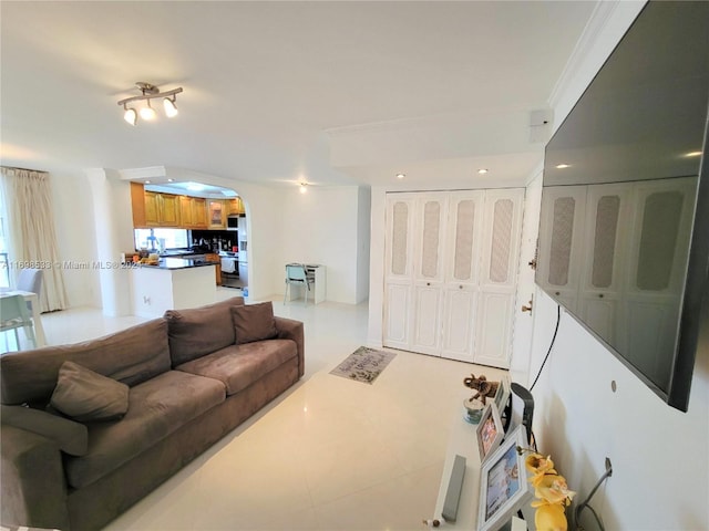 living room with crown molding