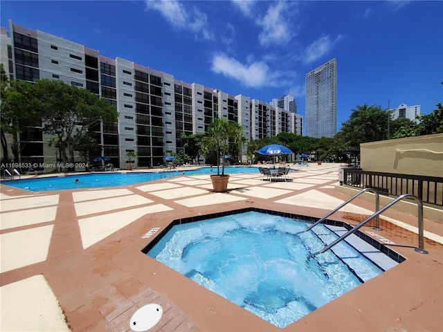 view of pool featuring a patio area and a hot tub