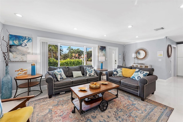 living room with crown molding