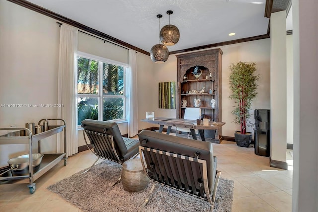 interior space with light tile patterned floors and ornamental molding