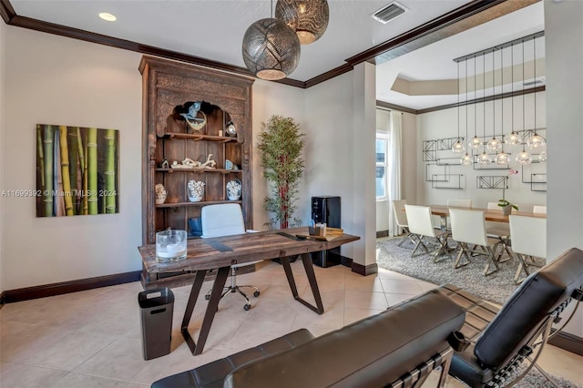 office with a notable chandelier, light tile patterned flooring, and crown molding