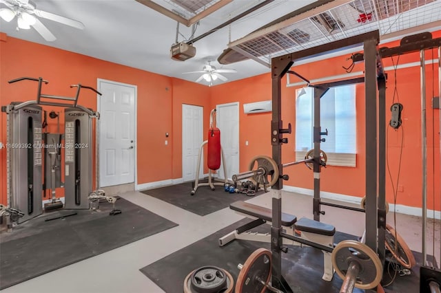 workout room with a wall mounted AC and ceiling fan