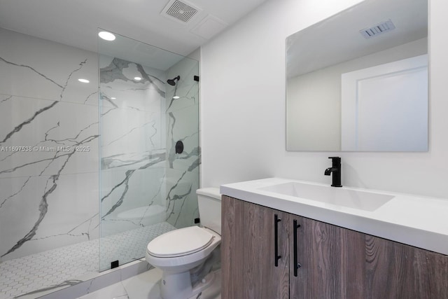 bathroom with a marble finish shower, visible vents, toilet, and vanity