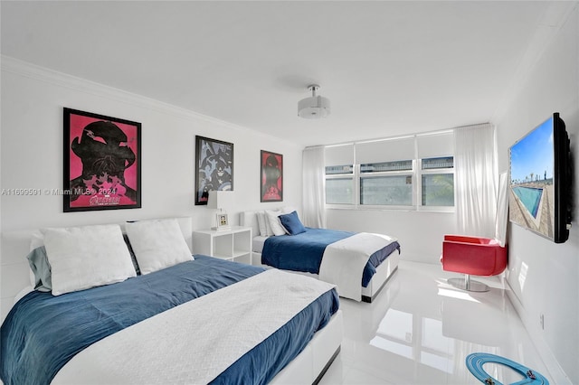 tiled bedroom featuring ornamental molding