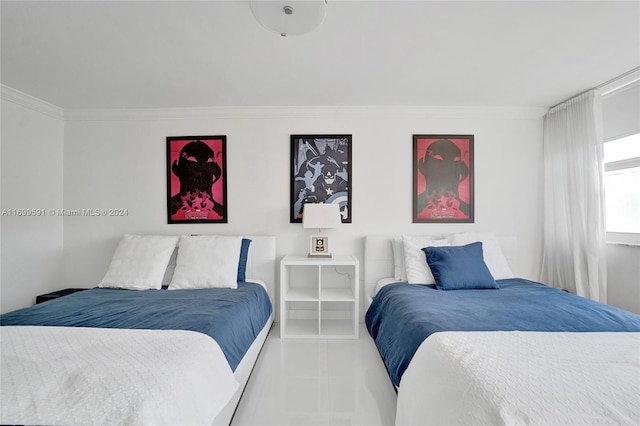 tiled bedroom with crown molding