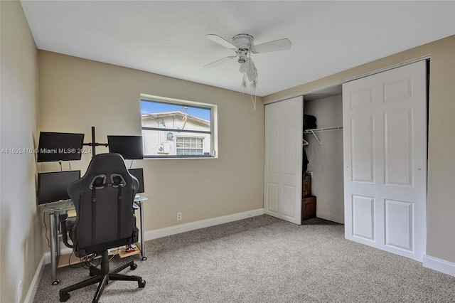 office space featuring ceiling fan and carpet floors