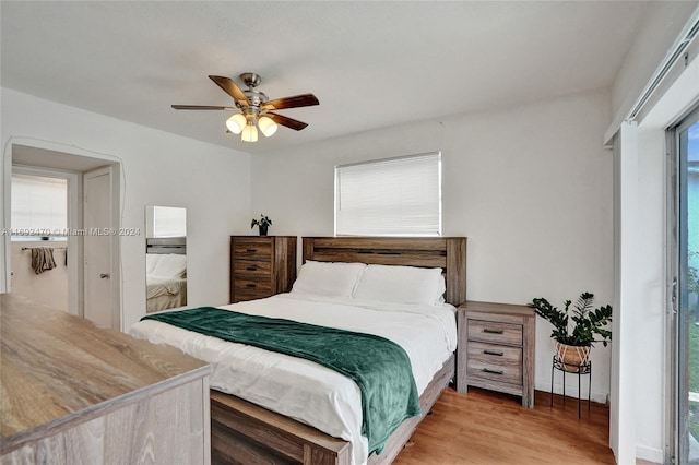 bedroom with ceiling fan, light wood-type flooring, access to outside, and multiple windows