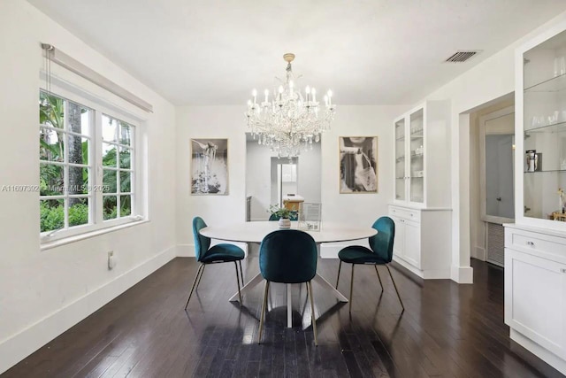 dining room with built in shelves, dark wood-type flooring, and a chandelier