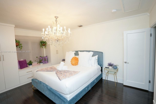 bedroom featuring an inviting chandelier, crown molding, and dark hardwood / wood-style flooring