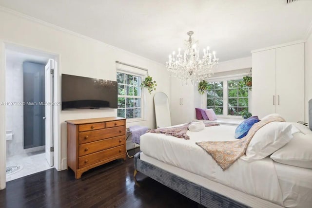 bedroom featuring ensuite bathroom, crown molding, dark hardwood / wood-style flooring, and multiple windows