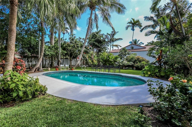 view of pool with a lawn