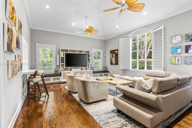 living room featuring wood ceiling, lofted ceiling, and a wealth of natural light