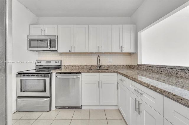 kitchen with white cabinetry, sink, tasteful backsplash, and stainless steel appliances