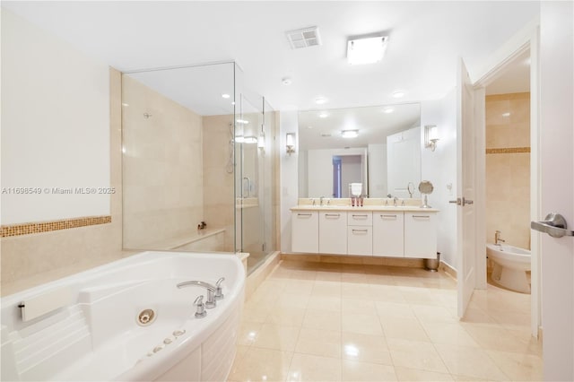 bathroom featuring double vanity, visible vents, a bidet, a shower stall, and a tub with jets