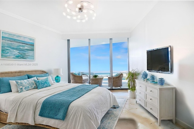 bedroom with baseboards, a notable chandelier, floor to ceiling windows, and crown molding