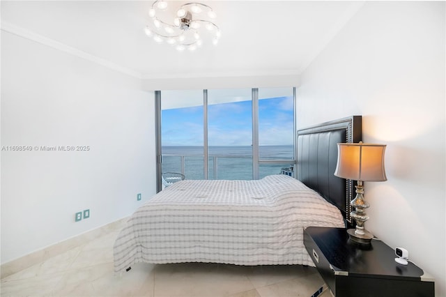 bedroom with baseboards, ornamental molding, a water view, floor to ceiling windows, and light tile patterned flooring