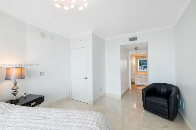 bedroom with ornamental molding, marble finish floor, visible vents, and baseboards