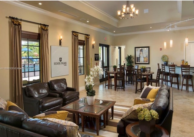 living area featuring recessed lighting, baseboards, an inviting chandelier, and ornamental molding