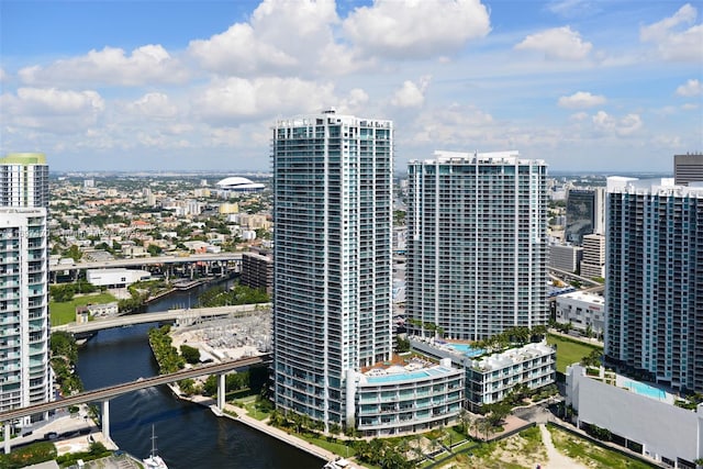 property's view of city featuring a water view