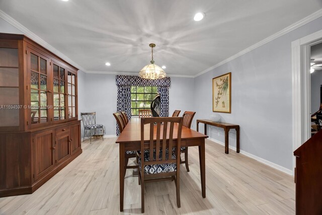 6065 SW 133rd St, Pinecrest, FL 33156 - dining area with a chandelier, recessed lighting, light wood-style flooring, baseboards, and crown molding