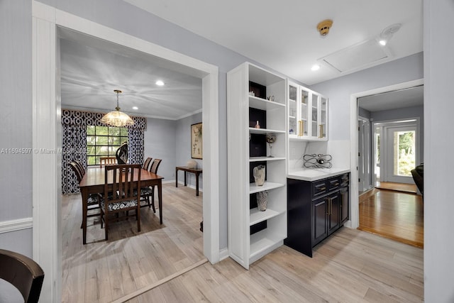 6065 SW 133rd St, Pinecrest, FL 33156 - kitchen featuring open shelves, light wood-style flooring, healthy amount of natural light, recessed lighting, and ornamental molding