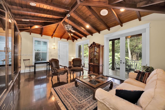6065 SW 133rd St, Pinecrest, FL 33156 - living area with french doors, wood ceiling, and dark wood-style floors