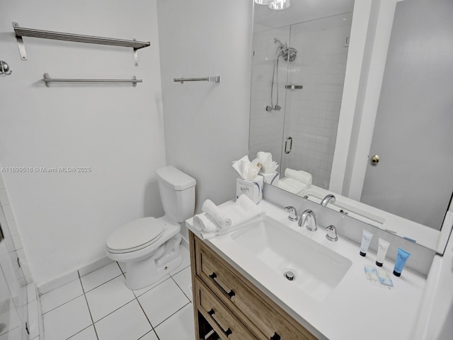 bathroom featuring tile patterned flooring, vanity, a shower with door, and toilet