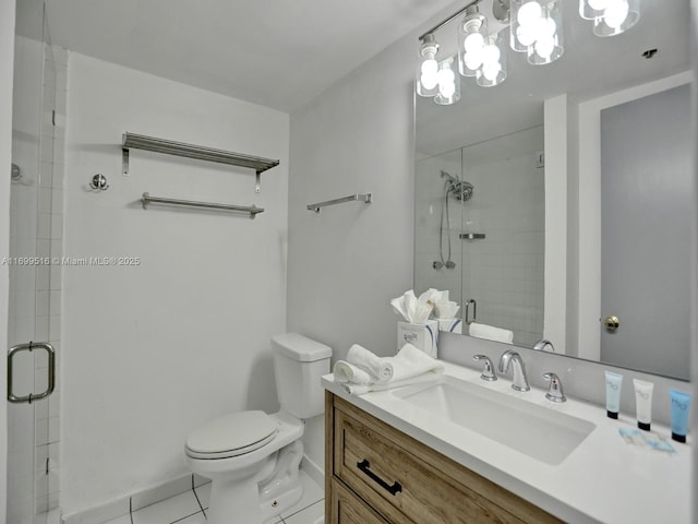 bathroom with walk in shower, vanity, toilet, and tile patterned flooring