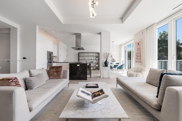 living room featuring a raised ceiling and light wood-type flooring