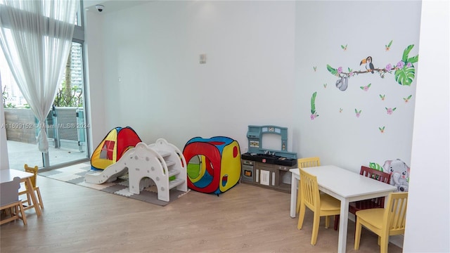 recreation room with light wood-type flooring