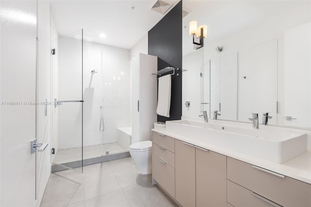 full bathroom with a walk in shower, toilet, vanity, visible vents, and tile patterned floors