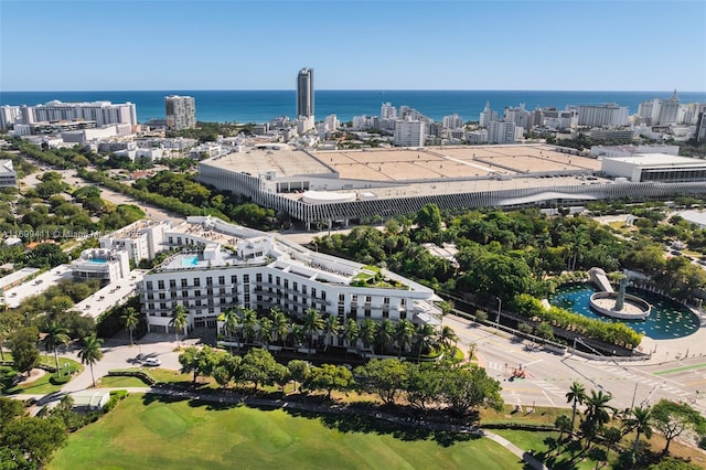 aerial view featuring a water view and a city view