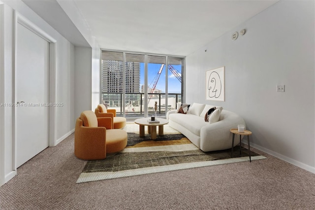 carpeted living room featuring a wall of windows