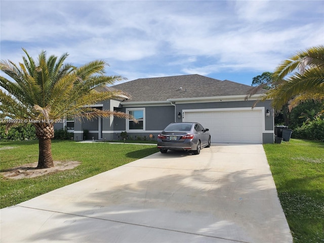 ranch-style home featuring a garage and a front lawn