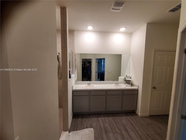 bathroom with a shower, vanity, and hardwood / wood-style flooring