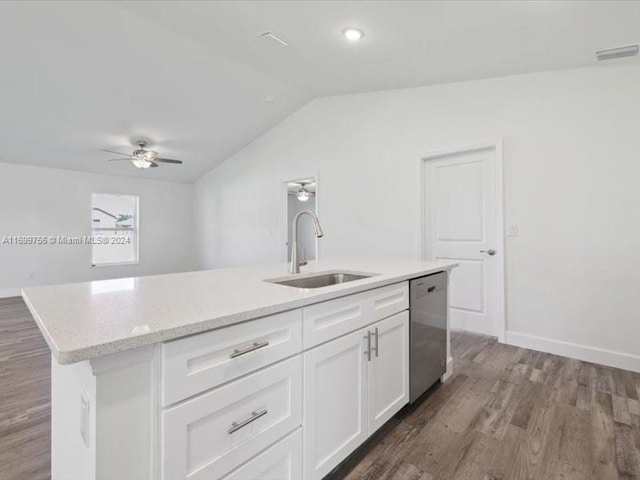 kitchen with dishwasher, sink, dark hardwood / wood-style floors, an island with sink, and white cabinetry