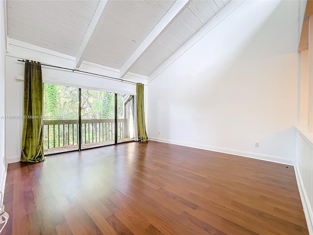 unfurnished living room with lofted ceiling with beams, wooden ceiling, and dark wood-type flooring