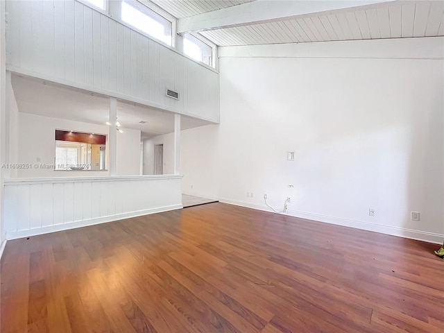 unfurnished living room featuring lofted ceiling with beams, dark hardwood / wood-style flooring, and wooden ceiling