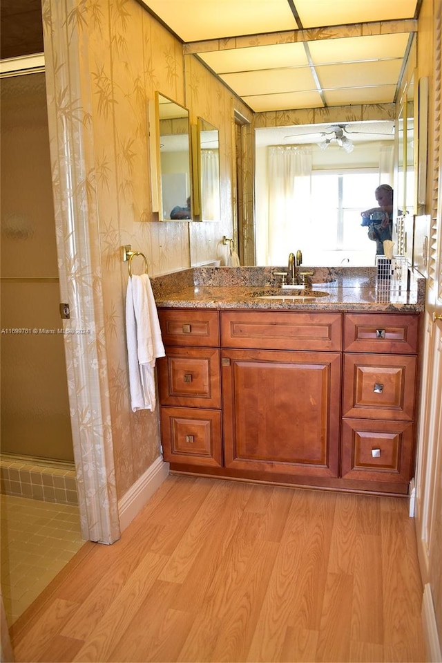 bathroom featuring vanity, hardwood / wood-style flooring, and an enclosed shower