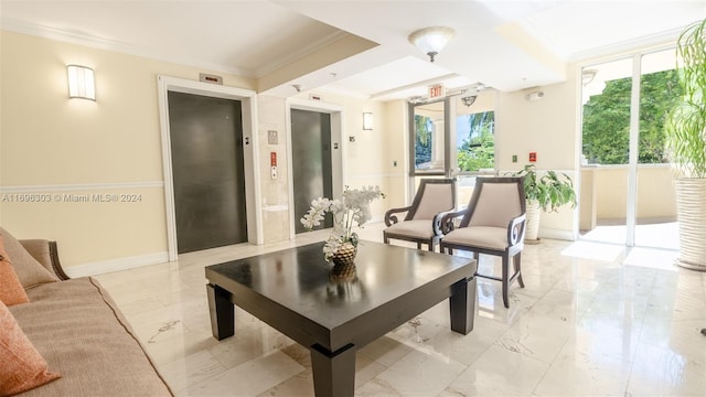 interior space featuring elevator, ornamental molding, and coffered ceiling