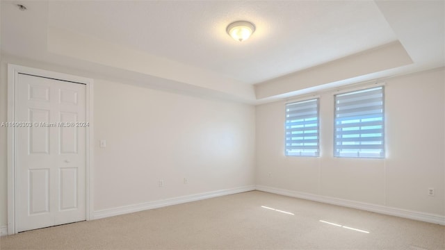 empty room with a tray ceiling and carpet