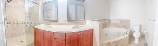 full bathroom featuring vanity, toilet, and separate shower and tub